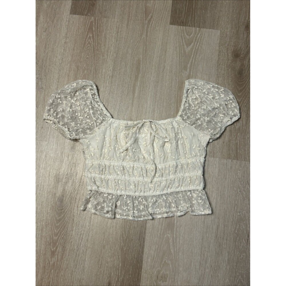 Japna Cream Square Neck Cropped Puffed Sheer Floral Lace Sleeve Blouse Sz Large
